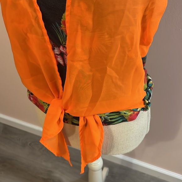 Women’s razor back neon orange tie front Hawaiian floral size L Bongo - Picture 4 of 6